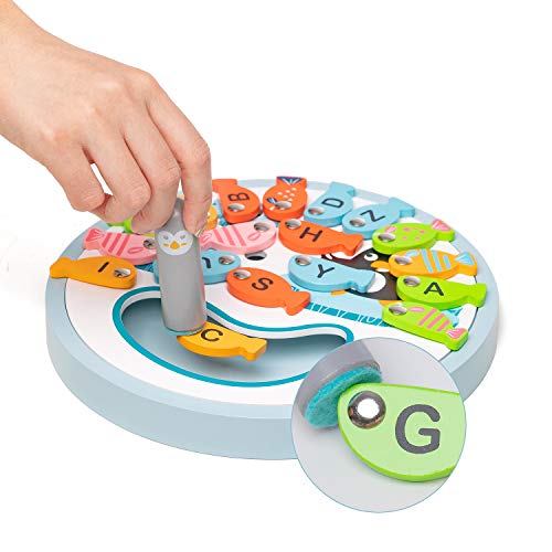 umu Magnetic Fishing Game Wooden Toy for Kids, 26 PCS Alphabet Letters Magnetic Fishing Toy for Catching & Counting - Preschool Floor and Board Games for 3, 4, 5 Year Old Boys Girls Kids and Toddlers