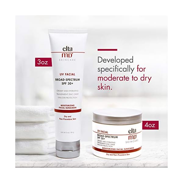 EltaMD UV Facial SPF 30+ Sunscreen Moisturizer Face Lotion, Broad Spectrum Moisturizing Sunscreen with Hyaluronic Acid, Non-Greasy, Mineral-Based Face Sunscreen with Zinc Oxide, 3.0 oz Tube
