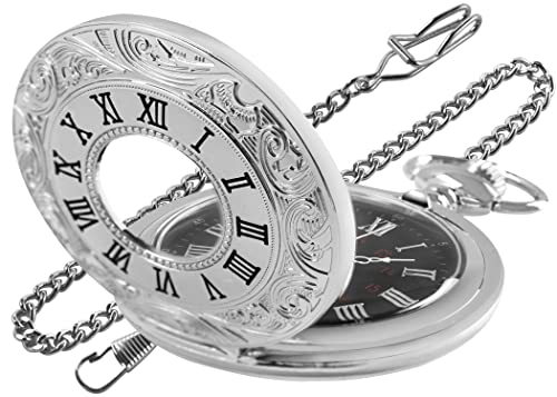 Realpoo Sliver Hollow Men's Pocket Watch, Roman Digital Scale Men's