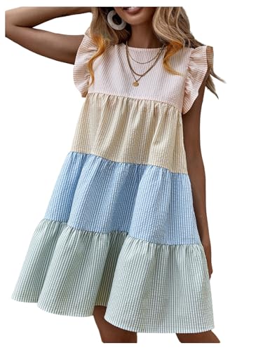 SHENHE Women's Summer Ruffle Cap Sleeve Color Block Tiered Flowy Babydoll Mini Dress Sundress
