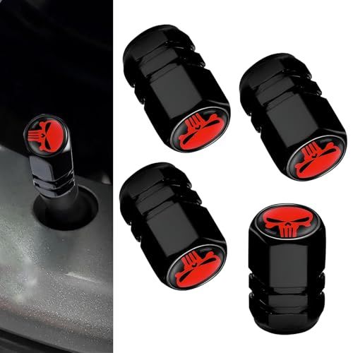 WZP 4PCS Skull Car Wheel Tire Valve Stem Caps, Metal Dust Valve Stem Cover, Airtight Wheel Air Valve Caps, Universal Decor Tire Air Valve Cover for Sedan, Truck, Motorcycle, Bicycle (Red)