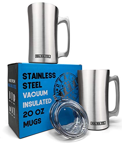 Stainless Steel Insulated Beer Mug: Real Deal Steel 20 Oz Beer Stein with Welded Handle and Clear Plastic Lid - Large Metal Tankard for IPA, Coffee, Tea - Double Walled Mugs for Hot or Cold Drinks (2)