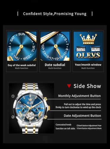 Image of OLEVS Men Automatic Watch Diamond Skeleton Mechanical Luxury Self Winding Moon Phase Calendar Waterproof Wrist Watch for Men