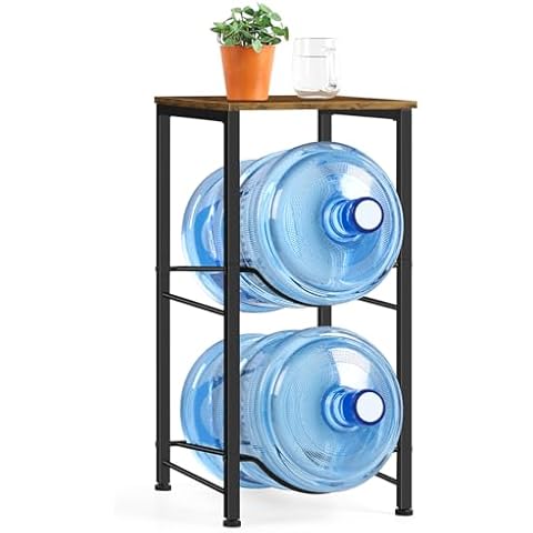 Water Jug Holder 5 Gallon Water Bottle Holder With Top Shelve 2 Tier Water Cooler Storage Rack Heavy Duty Water Dispenser Stand for Kitchen Living Room Office Brown Cover