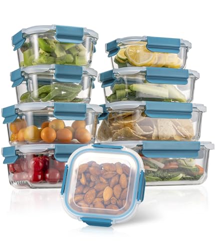 Glas-Frischhaltedosen Set Meal Prep Boxen für Lebensmittel,18 Teile (9 Behälter,9 Transparente Deckel) Spülmaschinen, Mikrowellen...