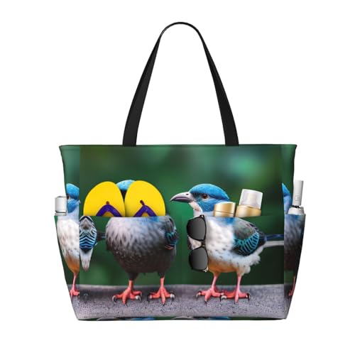 Two Birds Large Beach Tote Bag Women Beach Tote Bag For Pool Gym Grocery Travel With Multiple Pocket