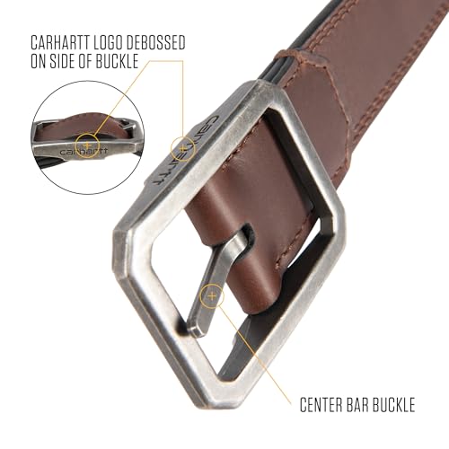 Carhartt mens Durable Full Grain Leather Reversible Center Bar Buckle Belt, W/Rugged Antique Nickle Hardware3