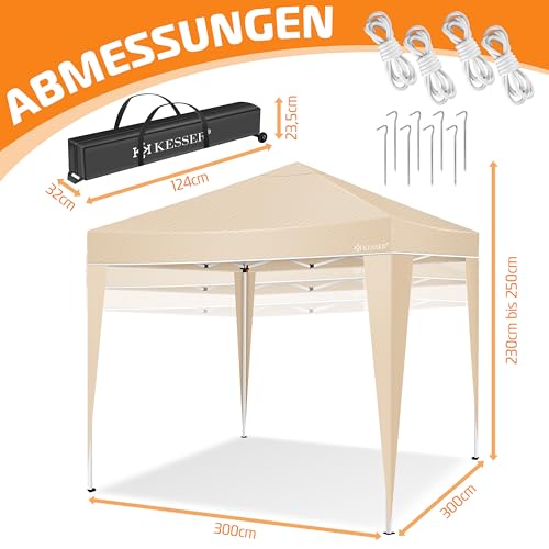 KESSER® Pavillon Faltpavillon 3x3m | Pop-Up Gartenpavillon Höhenverstellbar Stabil Wasserdicht Winterfest | Partyzelt Festzelt UV-Schutz 50+ inkl. Tasche mit Rollen & Bodenanker | Beige