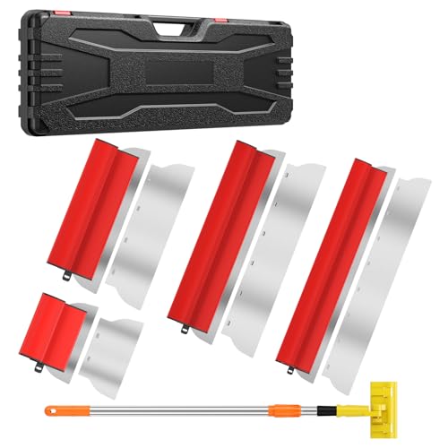 Flächenspachtel Set, 4 teiliges (25/40/60/80cm) Spachtel Werkzeug mit Ersatzklingen & 1.27m Teleskopstange, Edelstahl Spachtelwerkzeug Multifunktionales Glättungsspatel Kit für Trockenbau & Verputzer