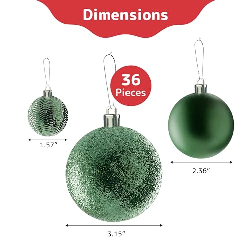 Prextex Christmas Tree Ornaments - Emerald Green Christmas Ball Ornaments Set for Christmas, Holiday, Wreath & Party Decorations (36 pcs - Small, Medium, Large) Shatterproof, 3 Size Combo