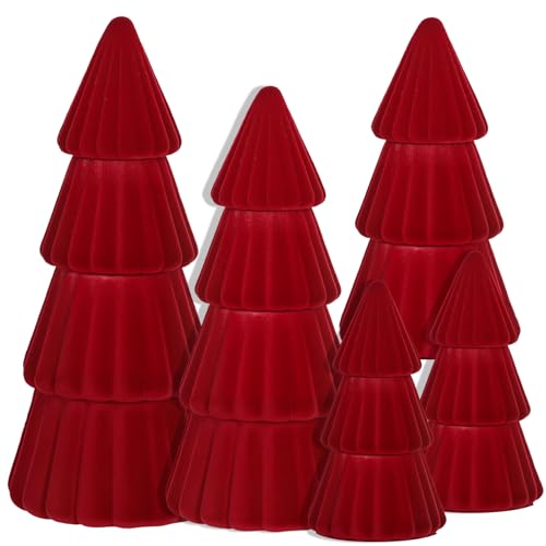 Red Christmas Decorations Indoor- Set of 5 Velvet Red Christmas Trees - Tabletop Christmas Decor Xmas Table Decorations for Mantel Home Decor
