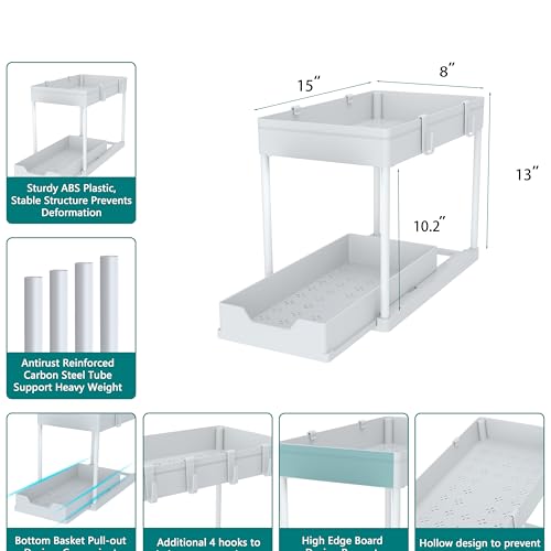 DEKAVA Cabinet, 2 Pack Under Sink Organizer, 2 Tier Sliding Bathroom Kitchen Organizer, Large White ABS Baskets, Easy Install & Clean by DEKAVA - Image 2