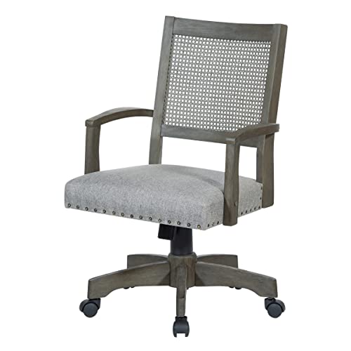 Osp Home Furnishings Deluxe Cane Back Banker's Chair With Padded Seat, Antique Grey Finish And Grey Fabric #TOP6