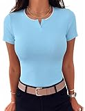 Camiseta Mujer Algodón Elástica de Punto Acanalado Top Básico Slim Fit con Cuello en V Camiseta Ajustada Suave para Oficina Ocio y Calle Verano Primavera