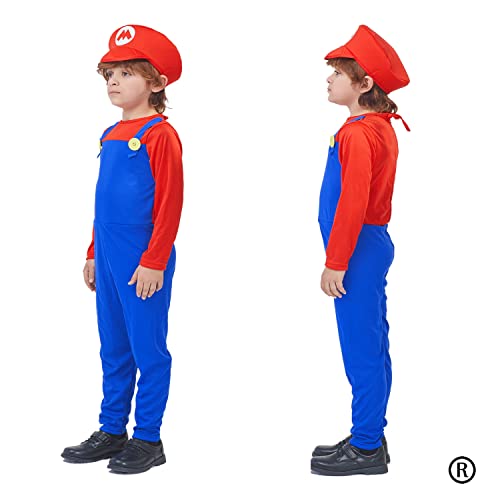 Wohoparki Super Brother Costume For Kids Costume Halloween Birthday Cosplay Jumpsuit With Mario Hat (Mario-Red, M) #TOP3