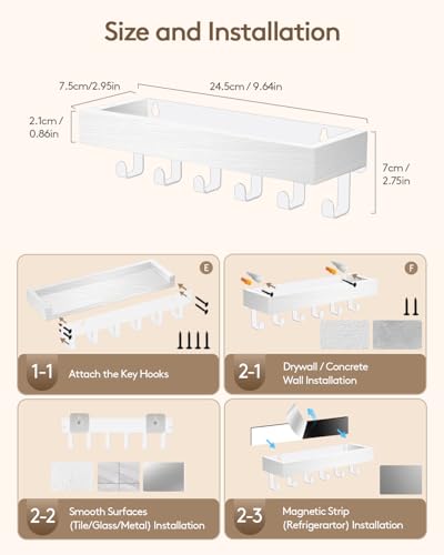 Image of Key Holder Wall Mount Magnetic Adhesive, Key Hooks Rack with Shelf | Key Hanger with Mail Organizer for RV Camper Fridge Living Room Decor, Home Essentials, White