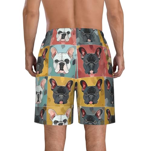 Men's Quick Dry Swim Shorts French Bulldog Colorful Square Patchwork Vintage Beach Trunks with Pockets2