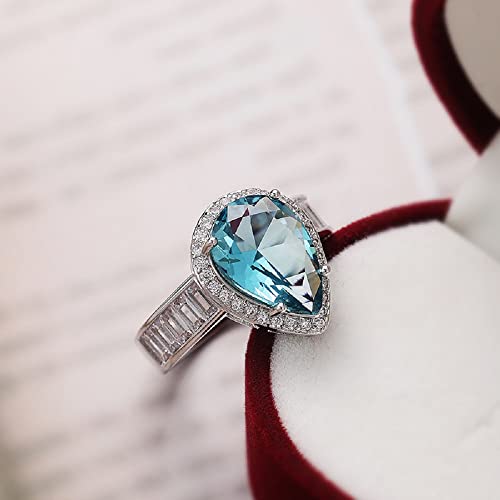 Fashion Waterdrop Pear Shape Cut Aquamarine Gemstone & Baguette CZ Zircon Promise Rings, Bridal Eternity Engagement Wedding Jewelry4