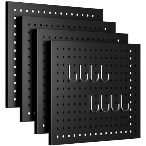 IRONFFICE Peg Board,4 Pack Metal Pegboard Panels and Accessories,Heavy Duty Peg Board with 8 Pieces Hooks, Black Wall Pegboards Organizer for Garage,Bedroom,Ornaments Display