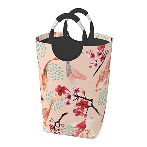 鯉と桜 ランドリーバスケット 洗濯ボックス 収納バッグ 大容量 折り畳み式 持ち運び 撥水 ハンドル付き 軽量 省スペース おしゃれ 適した ホテル ユーティリティルーム トイレ キッチン(50l 32*28*57.5cm)