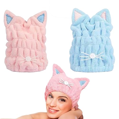 2 Piezas De Microfibra Toallas, Lindo Pelo De Secado Rápido Toalla Sombrero Pañuelo De Pelo Secado Capucha Microfibra Pelo Toalla para Niños Niñas Mujeres (Rosa, Azul)