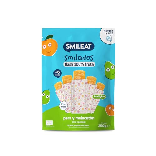 Smileat - Smilados de Frutas Ecológicas - Flash de Pera y Melocotón - Sin Azúcar Añadido, Sin Gluten - Flash para Congelar - Para Peques 6+ Meses - 5x50g (250gr)