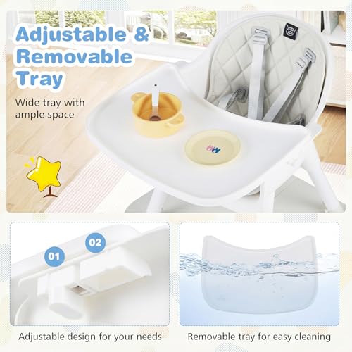 Image of BABY JOY High Chair, 5 in 1 Convertible Highchair for Babies & Toddlers | Booster Seat | Table and Chair Set | Infant Feeding Chair with Removable Tray, Safety Harness, Removable Cushion (White)