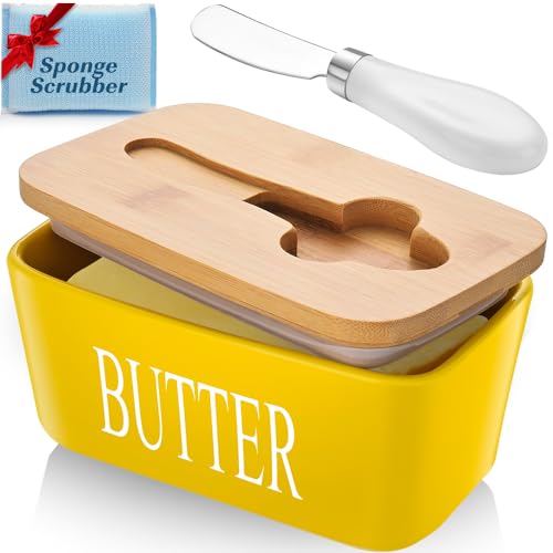 AISBUGUR Butter Dish with Lid, Butter Dish, Large Butter Dish with Lid for Countertop, Ceramic Butter Container Butter Keeper with Knife and Sponge Scrubber, Perfect for 2 Sticks of Butter, Yellow