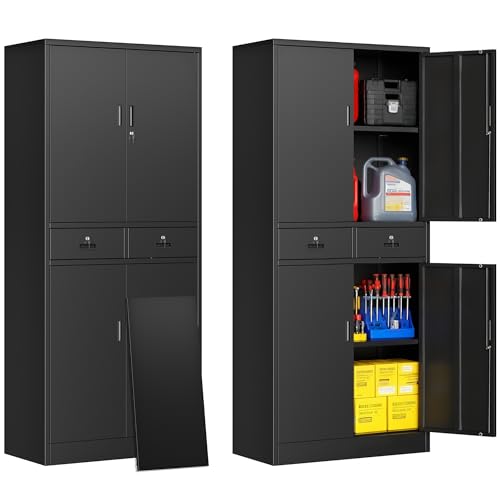 Image of Metal Storage Cabinet, 71 inch H Garage Cabinet with 2 Locking Drawers and 2 Adjustable Shelves, Black Tool Cabinet, Tall Storage Cabinet for Home, Office, Gym, School