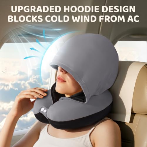 Image of Mewaii Travel Neck Pillow, Airplane Pillow with Hood, Memory Foam, Gray | Neck Support, Reversible, Adjustable Strap, Washable Cover, Cat-Ear Hood, Storage Bag, for Flights, Adults & Teens