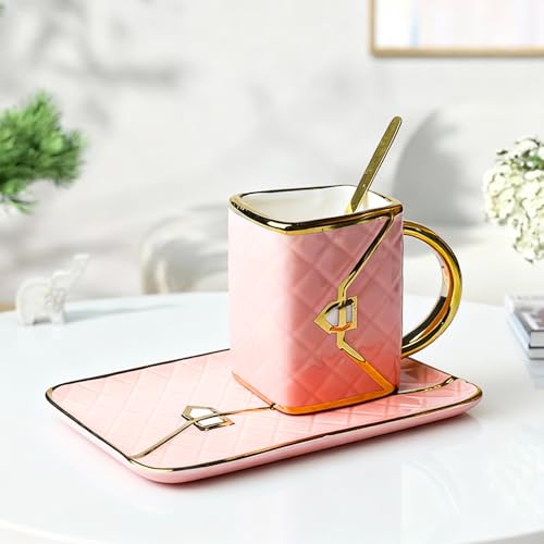 Juego de tazas y platillos con plato y cuchara, taza de café de cerámica, 310 ml, tazas de capuchino, taza de mocha, regalo para madre, novia, cumpleaños, día de San Valentín (rosa)