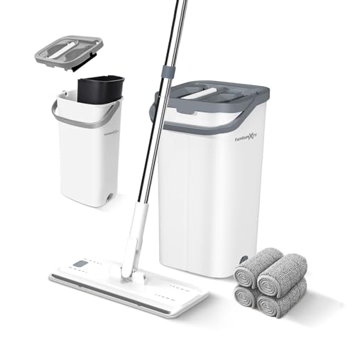 FurnitureXtra Mop and Bucket Set. Microfibre Flat Mop for Wet & Dry with Stainless Steel Handle, Twin Chamber Bucket Suitable for All Floor