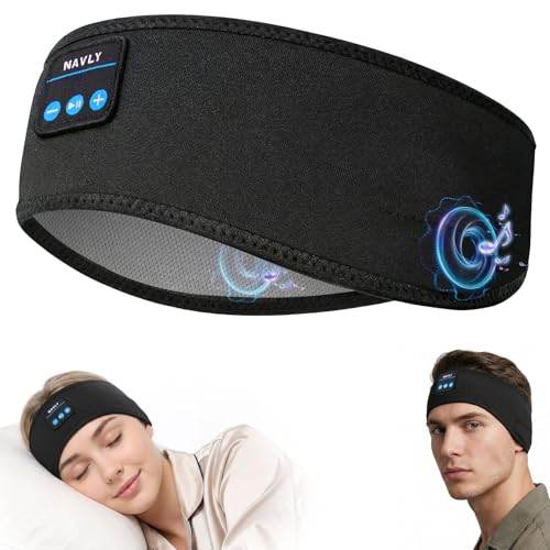 Navly Bluetooth Sports Headband Headphones, 3-in-1 Washable Headband with Ultra-Thin Speakers to Minimize Pressure for Side Sleepers, Workouts, Yoga (Black face White)