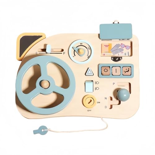 MORLU モンテッソーリ 知育玩具付きビジーボード 微細運動トレーニング 指先の知育 早期開発 男の子 女の子 プレゼント木ボタン 時計 靴紐結び 木琴 学習子供用木製ビジーボード学習アクティビ子供用 入園祝い (ステアリングホイールビジープレート)