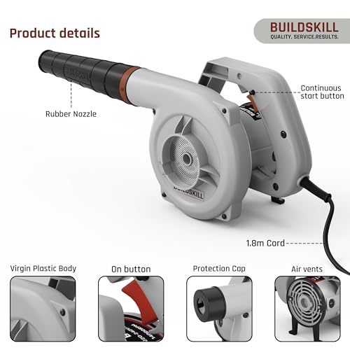 Image of BUILDSKILL 525W Air Blower Machine with 14000 RPM No Load Speed | Air Flow of 3.6 m3 /min | Continuous Start Switch | Protection Cap | Ideal Leaf Blower for Cleaning Dust PC, Car, Homes etc. | Grey