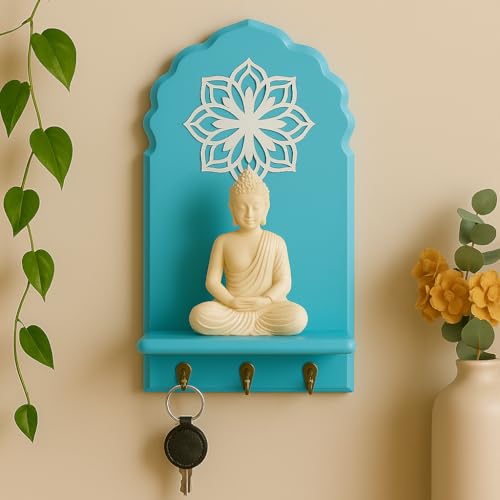 Image of Globally Indian Engineered Wood Keys Holder for Wall with Shelf |Mandala Design Key Stand Organizer for Home Entrance |Decorative Key Hanger for Wall, Entryway, Living Room |Floating Wall Shelf (Blue)