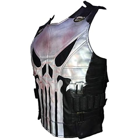 Aksah Fashions Men's The Punisher Season 2 Frank Castle Black Leather Vest Skull Logo Black Biker Tactical Real Leather Vest Cover