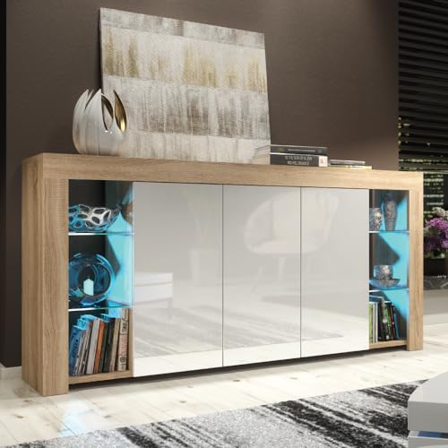 Creative Furniture Sideboard 164 cm Oak TV Unit Modern Stand White Gloss Doors Free LED