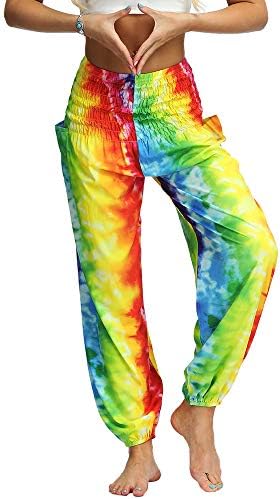 Nuofengkudu Women's Hippie Baggy Harem Trousers with Pockets Smocked High Waisted Soft Boho Patterned Gypsy Yoga Pants Holiday Summer Beach Party