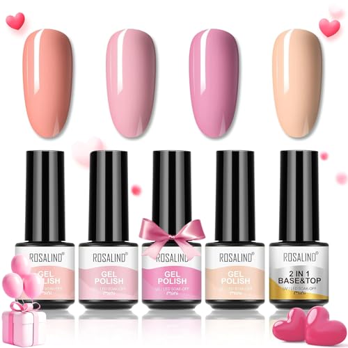 ROSALIND Esmalte Semipermanente de Uñas en Gel UV LED,4 pcs de Pintauñas Semipermanentes Rosa Mini,con 1pcs Base Top Coat Esmalte de uñas en Gel Set San Valentin