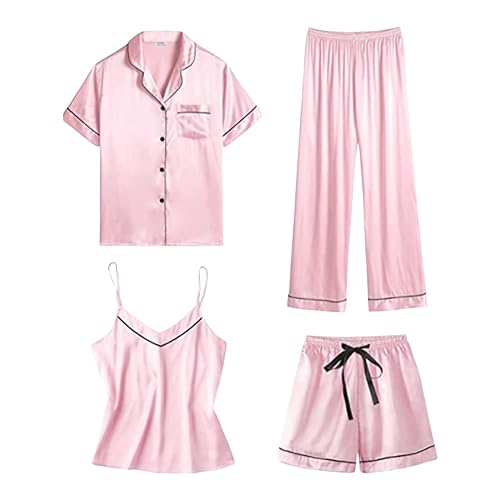 Pijama de invierno polar de gran tamaño pijama corto de 4 piezas de satén para mujer, ropa de dormir de manga corta y conjunto de pantalones cortos y tops conjuntos de ropa de ocio conjuntos de (Pink