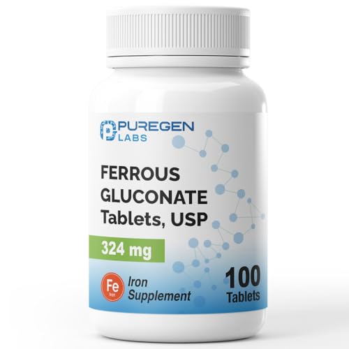 Puregen Labs Ferrous Gluconate 324 mg [High Potency] Iron Supplement Gentle on Stomach - 100 Tablets