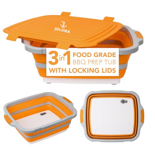 JOLVIRA Collapsible BBQ Prep Tub with Lid – 8L Multifunctional Food & Meat Prep Basin for Vegetables, Fruits, Washing, Storage and Outdoor Cooking
