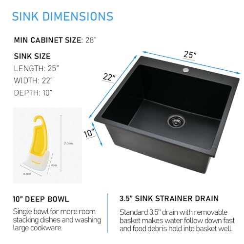 BoomHoze 25x22 Drop In Kitchen Sink, Matte Black Granite Composite Quartz Drop In Sink Single Bowl Outdoor Kitchen Sink 25-inch Utility Drop-In/Topmount with Small Rubber Squeegee by BoomHoze - Image 6