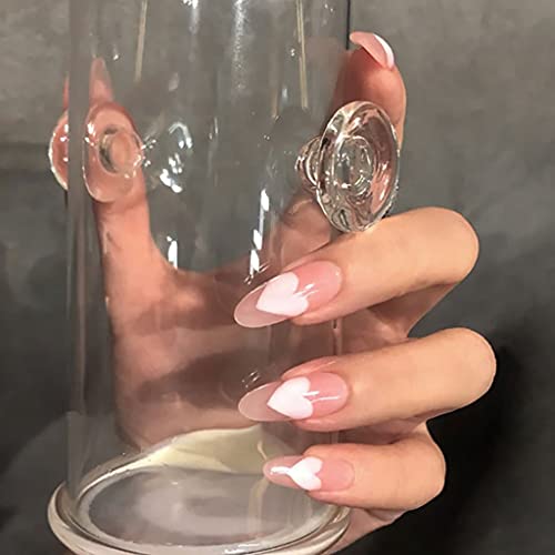 RikView Pink Press on Nails with Heart Design Almond Glossy Fake Nails Long False Nails Full Cover Prom Nails for Women and Girls 24PCS/Set