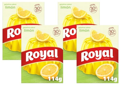 Royal Gelatina en Polvo Sabor Limón con Vitamina C, 30% Menos Azúcares - 10 Raciones, 114 g (Paquete de 4)