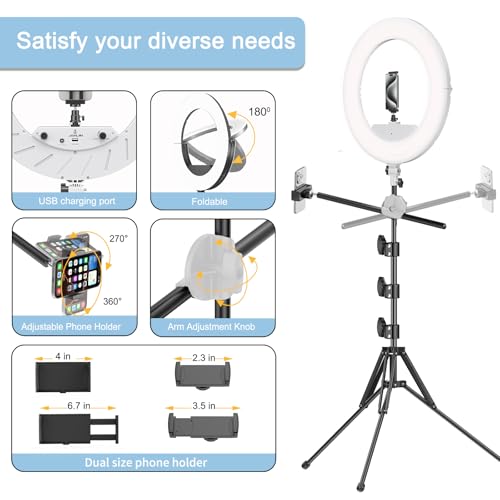 Image of 55W18 45cm Ring Light Kit [New Version] 6700K Dimmable LEDRinglightTripod Stand Dual Phone Holder for iPhone Selfie Makeup LashTattoo Studio Lighting Painting,Photo Video Recording (White)