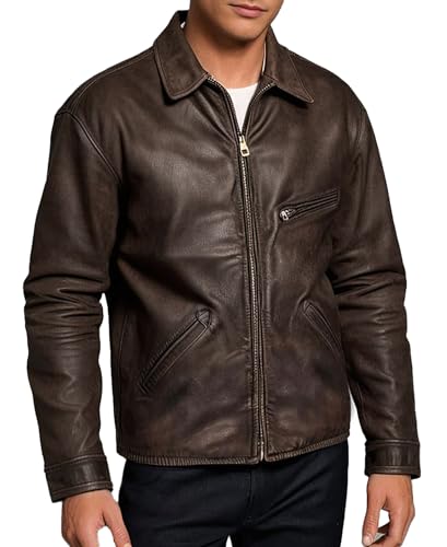 Mens Brown Shirt Collar Casual Distressed Leather Vintage Motorcycle Leather Jacket2