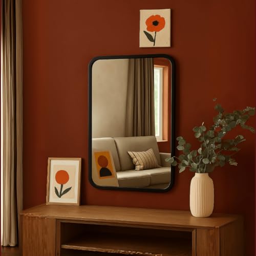 Image of The Artment your artistic apartment Streamline Rectangle Wall Mirror | HD Glass | Metal Frame | Wall-Mounted | Elegant Design for Bedroom, Bathroom, Hallway, Entryway | Black (56 CM)