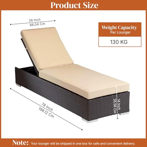 Image of DEVOKO Outdoor Rattan Wicker Sun Lounger Recliner for All Weather Comfort with Durable Metal Frame Ideal for Garden, Deck, Lawn, Poolside (Dark Brown & Cream)